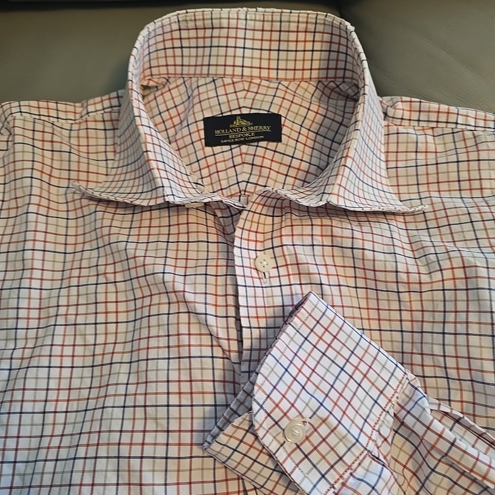 Holland & Sherry Bespoke‎ Savile Row London Check Button Up Shirt Size L 22" Ptp
